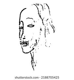 Human head. Portrait of a young man. Male face. Hand drawn linear doodle rough sketch. Black silhouette on white background.