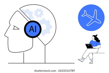 Human head profile with AI label and gears, airplane icon, and woman using laptop. Ideal for technology, AI, travel, innovation, digital nomadism, remote work, education themes. Line metaphor