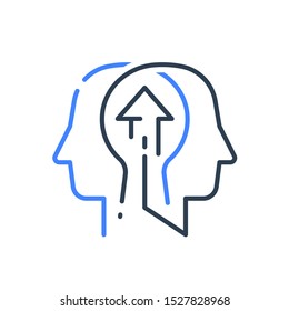 Human Head Profile And Arrow Line Icon, Growth Mindset, Potential Development, Leadership Education Concept, Retraining Course, Motivational Psychology, Strategic Thinking, Vector Linear Design