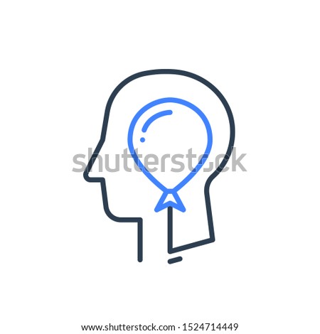 Human head profile and balloon line icon, cognitive psychology or psychiatry concept, self esteem or ego, inner calm or mental balance, immature character, vector linear design