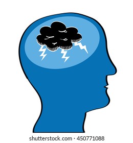 Human Head In Profile With A Black Storm Cloud And Lightening In The Brain Area As A Metaphor For Mental Health Issues