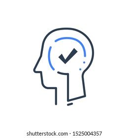 Human head profile and check mark line icon, cognitive decision making psychology or psychiatry concept, training course, vector linear design