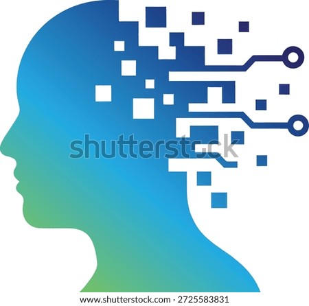 Human head profile with circuit board and microchip technology symbolizing artificial intelligence and digital innovation in a futuristic gradient blue and green silhouette