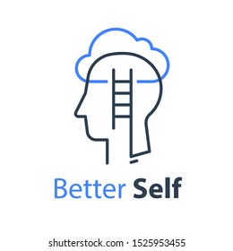 Human Head Profile, Cloud And Ladder Line Icon, Cognitive Psychology Or Psychiatry Concept, Growth Mindset, Self Knowledge, Soft Skill Training, Emotional Intelligence, Vector Linear Design