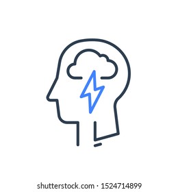 Human head profile and cloud lightning line icon, cognitive psychology or psychotherapy concept, mental health, mind disorder, brain illness, panic attack, depression or negative thought
