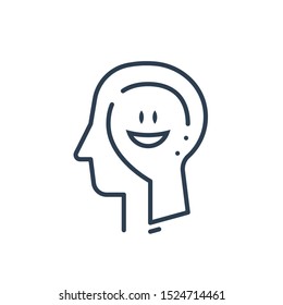 Human head profile, cognitive psychology or psychotherapy concept, positive thinking, mental health, optimism or happiness, vector line icon