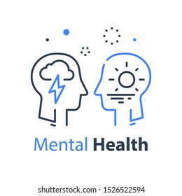 Human head profile, cognitive psychology or psychotherapy concept, mental health, mind disorder, brain illness, panic attack, depression or negative thought, vector linear illustration