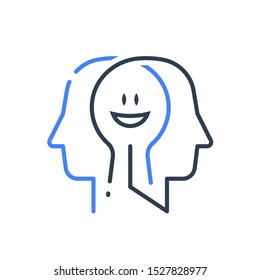 Human head profile, cognitive psychology or psychotherapy concept, positive thinking, mental health, optimism or happiness, vector line icon