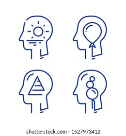 Human head profile, cognitive psychology or psychotherapy concept, self esteem or ego, inner calm or mental balance, mindful or awareness, vector line icon set