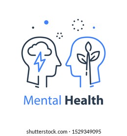 Human head profile, cognitive psychology or psychotherapy concept, mental health, mind disorder, brain illness, panic attack, depression or negative thought, vector linear illustration