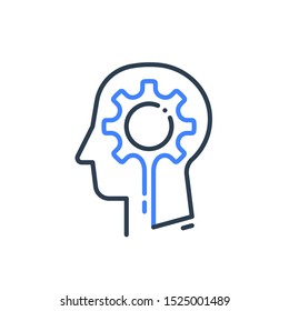 Human head profile and cogwheel line icon. Cognitive psychology or psychiatry skills training concept for brain logic or memory exercises. Artificial intelligence or data science vector linear design