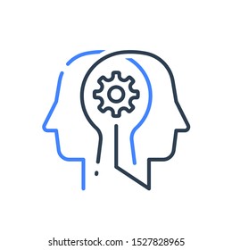 Human head profile and cogwheel line icon, cognitive psychology or psychiatry concept, skills training, brain logic or memory exercise, artificial intelligence or data science, vector linear design