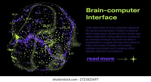 Human head in profile composed of swirling glowing particle dots in vibrant lime green and purple, with scattered numerical data points on a black background. Conceptual vector illustration for brain-computer interface, neural connectivity, mind uploading, and futuristic neurotechnology themes.