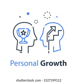 Human Head Profile And Cup, Growth Motivation Concept, Leadership Training Course, Employee Of The Month, Winner Trophy, Personal Perfection Or Superiority, Vector Line Icon