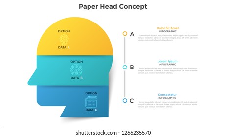 Human head or profile divided into 3 colorful paper pieces. Concept of three features of creative business thinking. Modern infographic design template. Vector illustration for data visualization.