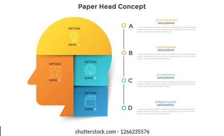 Human head or profile divided into 4 colorful paper pieces. Concept of foure features of creative business thinking. Modern infographic design template. Vector illustration for data visualization.