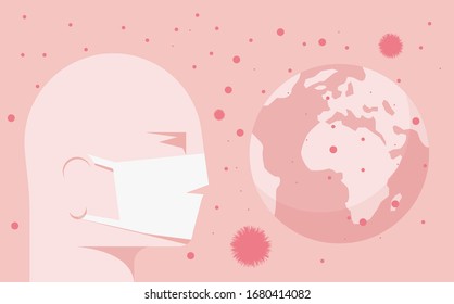 Human head profile face in protective medical mask opposite of Earth silhouette and respiratory infection around. Epidemic or pandemic concept. Vector illustration.