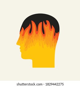 Human head in profile with a flame inside. Stress color icon. Frustration. Working burnout. Anger. Angry person. Emotional stress symptom. Isolated vector illustration, banner, icon, logo or avatar