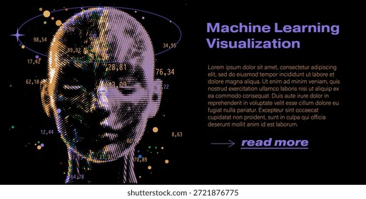 Cabeza humana de perfil formada por puntos brillantes multicolores, rodeada de partículas en órbita y valores numéricos flotantes sobre un fondo negro. Ilustración vectorial conceptual para visualización de aprendizaje automático, ciencia de datos y temas de inteligencia artificial.