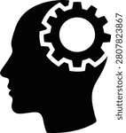 Human head profile with gear mechanism inside silhouette black vector illustration for thinking concept
