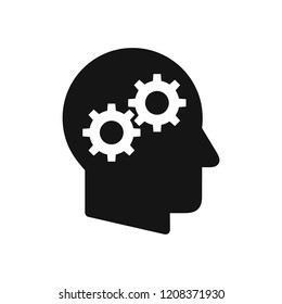 Perfil de cabeza humana con símbolo de ruedas de engranaje, proceso de pensamiento simple icono negro, ilustración vectorial aislada en fondo blanco