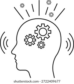Menschliches Kopfprofil mit Zahnradsymbol, Gehirnbearbeitungsprozess und Denkkonzept, künstliche Intelligenz und kreative Mind-Symbol-Illustration