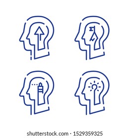 Human head profile, growth mindset, potential development, leadership education concept, retraining course, motivational psychology, strategic thinking, vector line icon set