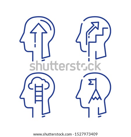Human head profile, growth mindset, potential development, leadership education concept, retraining course, motivational psychology, strategic thinking, vector line icon set