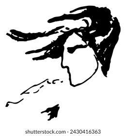 Human head in profile with hai fluttering in the wind. Hand drawn linear doodle rough sketch. Black and white silhouette.