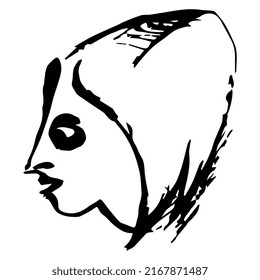 Human head in profile. Hand drawn linear doodle rough sketch. Black silhouette on white background.