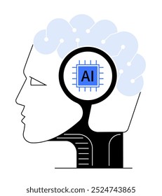 Um perfil da cabeça humana com uma área do cérebro destacada contendo um microchip rotulado AI em azul. Ideal para tecnologia, inteligência artificial, interação homem-computador, inovação e neural