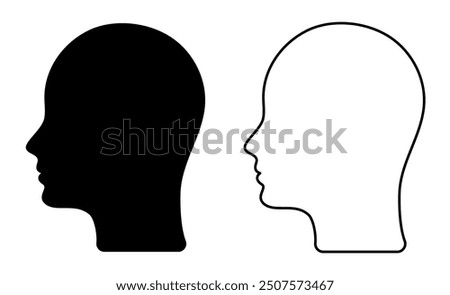 Human head profile icon. Black shadow, silhouette of a person's face, black and white avatar of a person. Head outline.