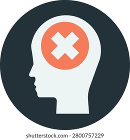 Human head profile icon with a cross mark inside representing negative thoughts or restricted thinking