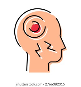 Human head profile icon illustrating acute pain, stress, sickness, or migraine symptoms with throbbing red circles and lightning bolt symbols indicating discomfort and mental health issues