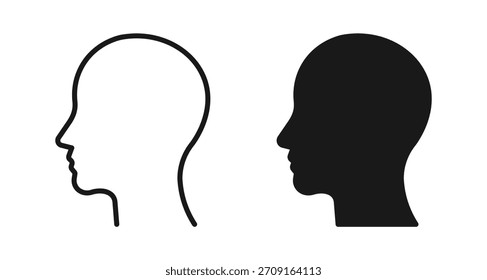 Human head profile icon set in outline and silhouette style, symbolizing users, accounts, and personal profiles, vector illustration.
