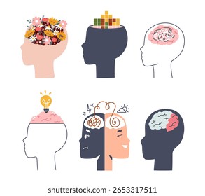 Human head profile icons. Different types of mind, logic, creative thinking. Psychological problems, bipolar, mood swings, idea generation, vector set