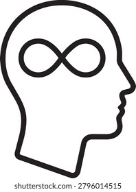 Human head profile with infinity symbol outline icon for neurodiversity limitless mind and endless imagination illustration
