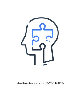 Human head profile and jigsaw puzzle.  Cognitive psychology or psychiatry therapy concept for mental health brain problems.  Personality disorder vector line icon