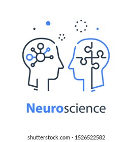 Human head profile and jigsaw puzzle, cognitive psychology or psychotherapy, mental health, brain problem, neurology concept, brain research, vector line design