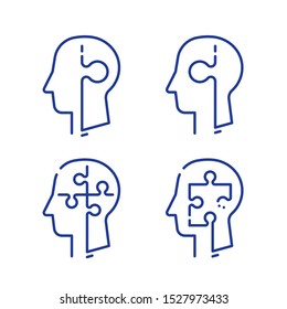 Human head profile and jigsaw puzzle, cognitive psychology or psychotherapy concept, mental health, brain problem, personality disorder, vector line icon set