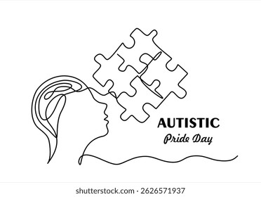 Human head profile with jigsaw puzzle by continuous line. Autistic pride day.Accept autism and understand the challenges associated with it. Help people build kinder world for every unique individual
