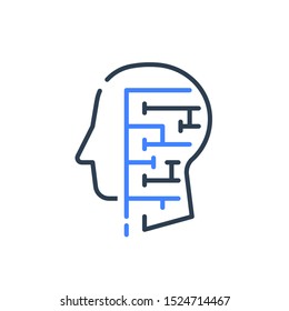 Human head profile and labyrinth, cognitive psychology or psychiatry concept, logic game, critical thinking, brain maze, vector line icon