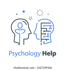 Human head profile and labyrinth, cognitive psychology or psychotherapy concept, mental health or disorder, critical thinking or logic game, memory training, vector line illustration
