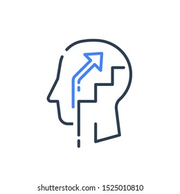 Human Head Profile And Ladder. Cognitive Self Improvement Psychology Education Concept For Training Courses In Growth Mindset. Personal Potential Development, Vector Line Icon