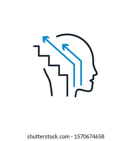 Human head profile and ladder.
Cognitive self improvement psychology education concept for training courses in growth mindset.
Personal potential development, vector line icon