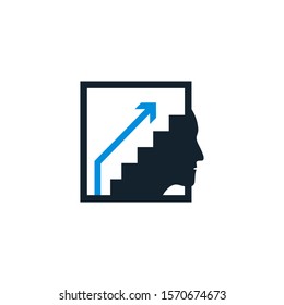 Human head profile and ladder.
Cognitive self improvement psychology education concept for training courses in growth mindset.
Personal potential development, vector line icon