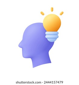 Human head profile with light bulb. Idea, inspiration and innovation concept. 3d vector icon. Cartoon minimal style.