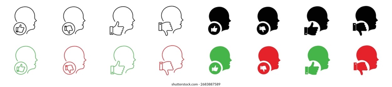 Perfil da cabeça humana com símbolos semelhantes e não semelhantes ícone de vetor definido, ideal para feedback do usuário, satisfação, aprovação ou classificação