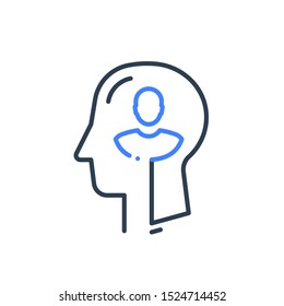 Human head profile line icon, cognitive psychology or psychotherapy concept, self esteem or confidence, mental health, personality disorder or schizophrenia, vector linear design