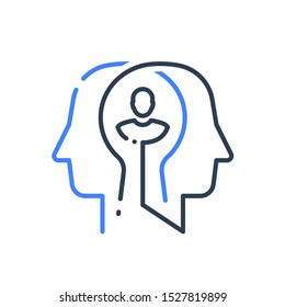 Human head profile line icon, cognitive psychology or psychotherapy concept, self esteem or confidence, mental health, personality disorder or schizophrenia, vector linear design